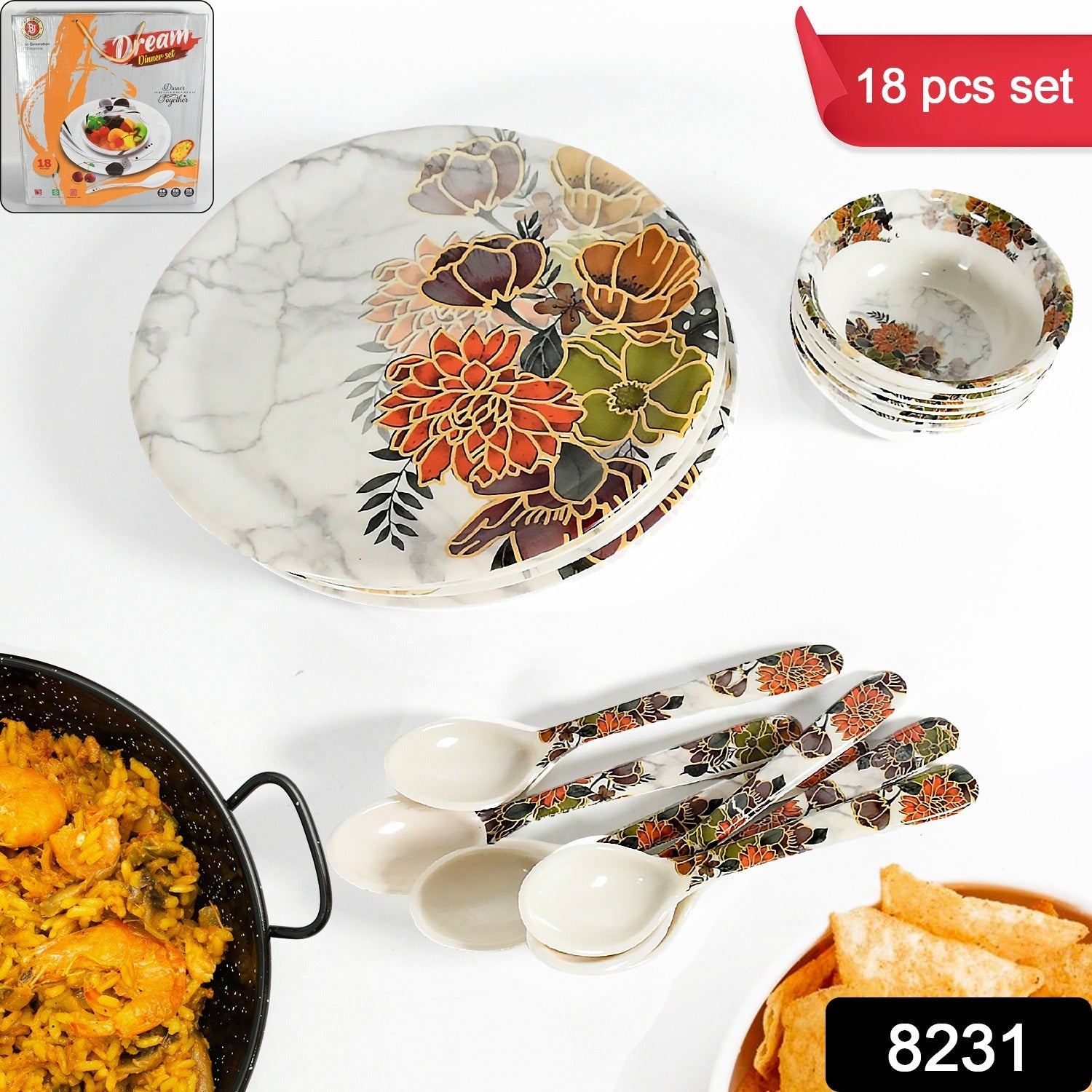 Dream High Quality plastic Dinning Dinner set with Unique Flower Design Printed, 6 pc Plates, 6 pc Bowls and 6 pc Serving Spoon, Lightweight Round Plates and Bowls, Microwave, and Dishwasher Safe (18 Pcs set) - Discount Karo