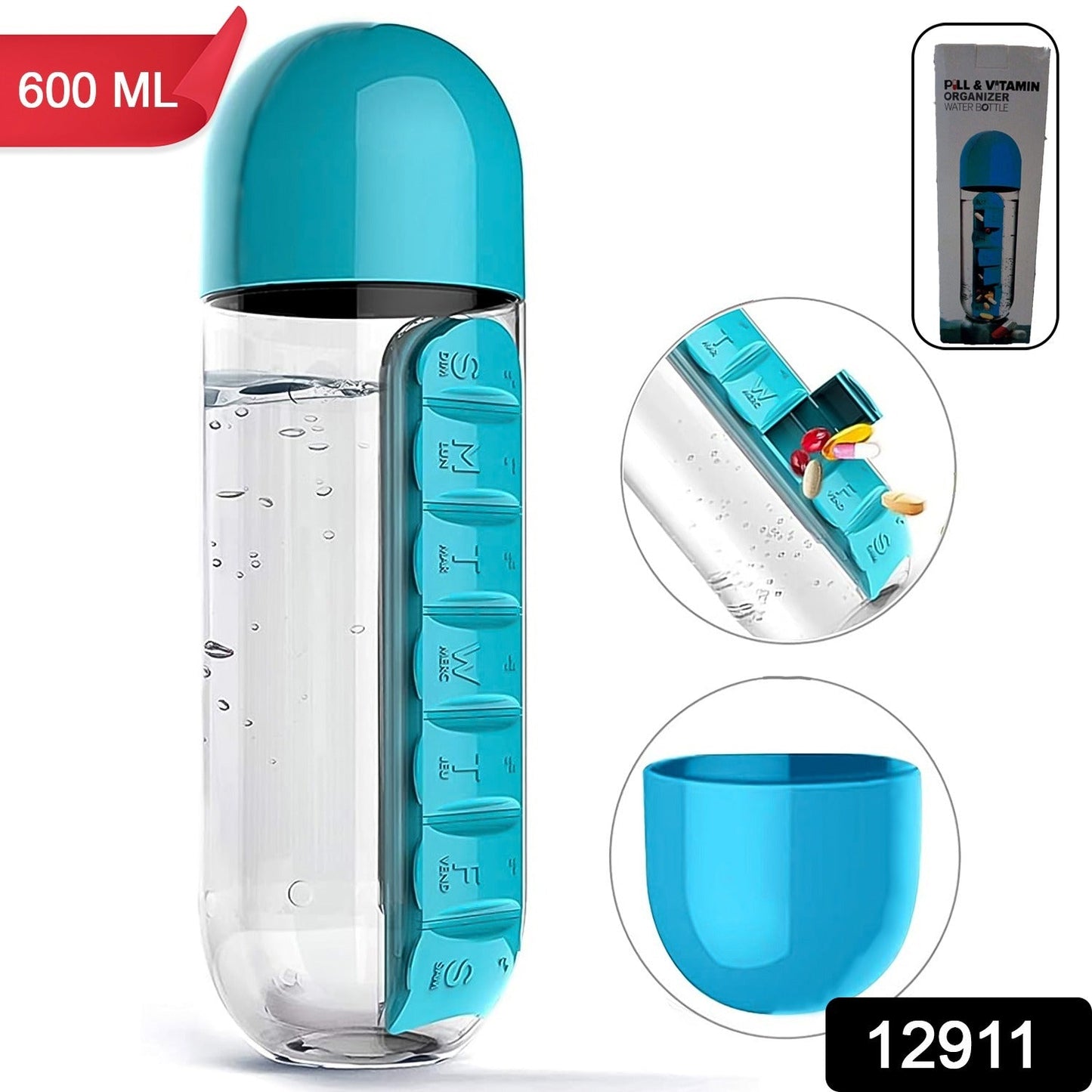 Pill & Vitamin Bottle, Water Bottle Multi Functional Use for Traveling & Outdoor Use Water Bottle, Travelling kit, Summer Special Bottle (600 Ml /  Mix Color ) - Discount Karo