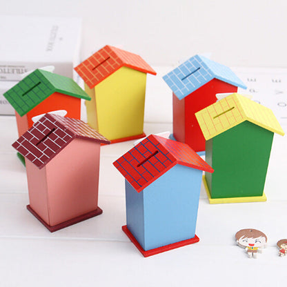 1663 Cute Cartoon House Shaped Lovely Wooden Piggy Bank Money Bank 