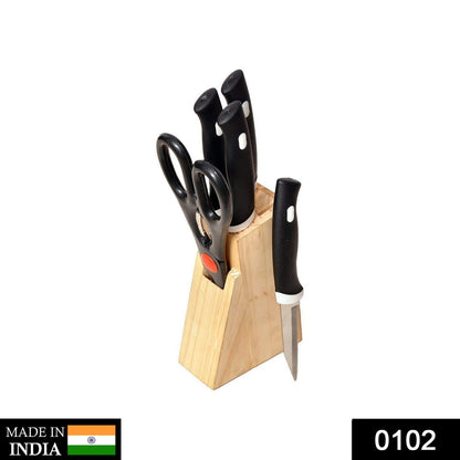 Kitchen Knife Set with Wooden Block and Scissors (5 pcs, Black) - Discount Karo