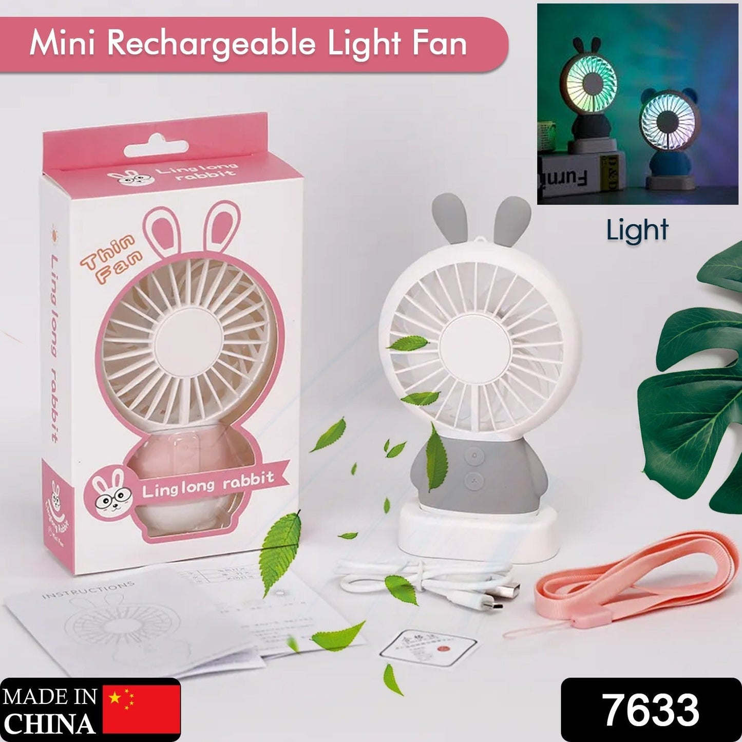 4820 Mini Portable Fan USB Rechargeable Handheld Rabbit Style Color Changing LED Light Pocket Desk Light Fan 