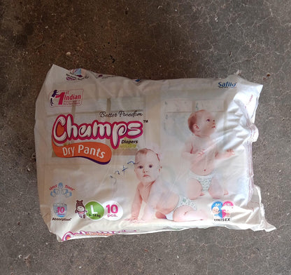 Champs Travel Diapers (Large, 10 Pcs): Leakproof, Soft & Dry, Baby Diaper Pants - Discount Karo