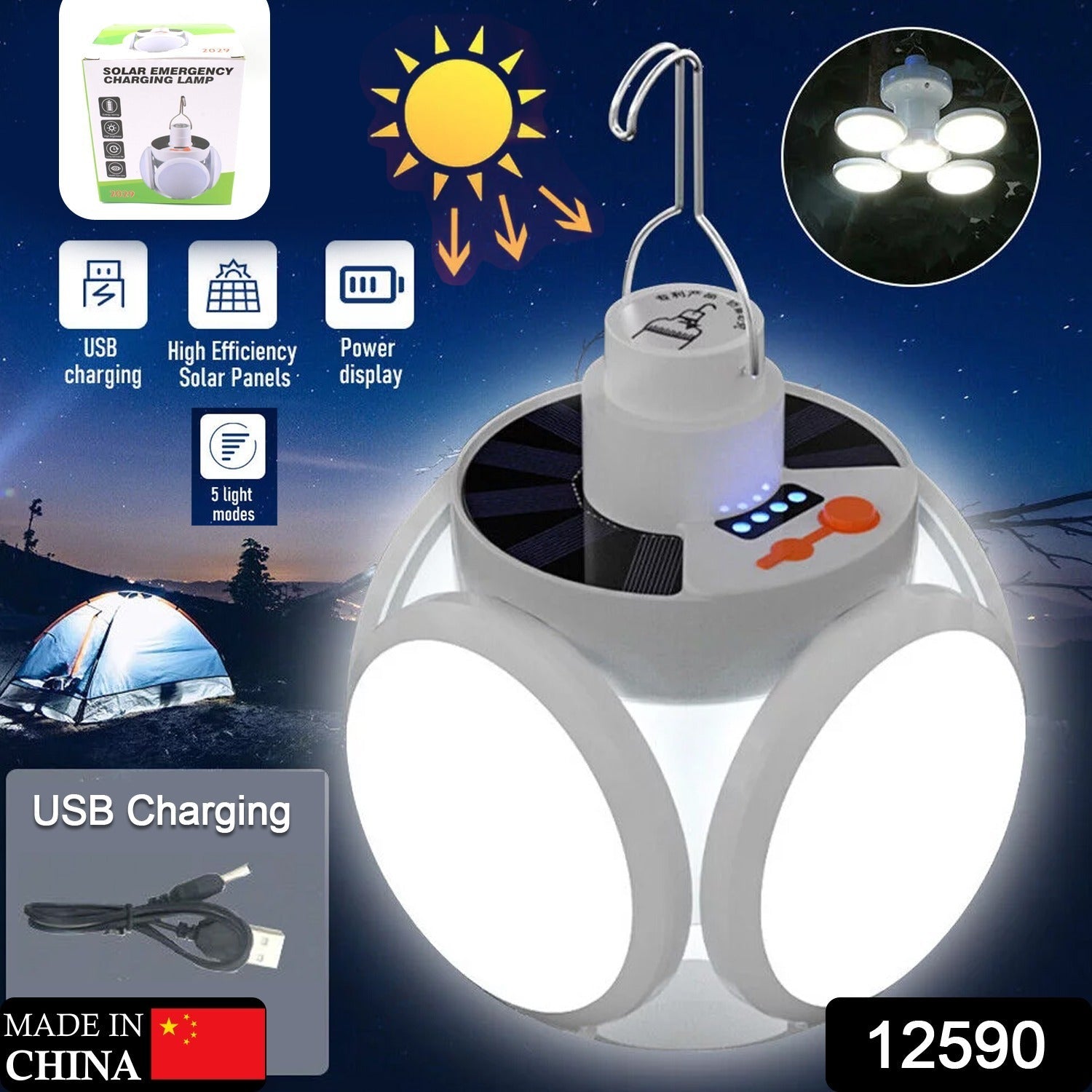 Solar Multi-Functional Emergency LED Light Bulb with USB Charging, LED camping lamp, camping lamp, USB rechargeable, 5 brightness light modes, foldable camping light, SOS IP65 waterproof camping light, blackout emergency equipment, camping gadgets - Discount Karo