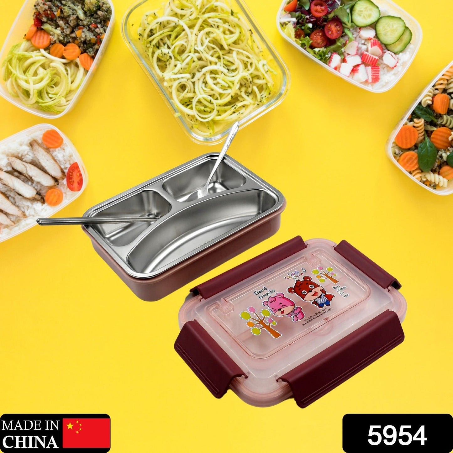 Food‑Safe Materials Kids Lunch Box With steel  Spoon & chopsticks Compartment is Designed Made of 304 Stainless Steel Easy to Clean for School for Camping for Work for Home, Office - Discount Karo