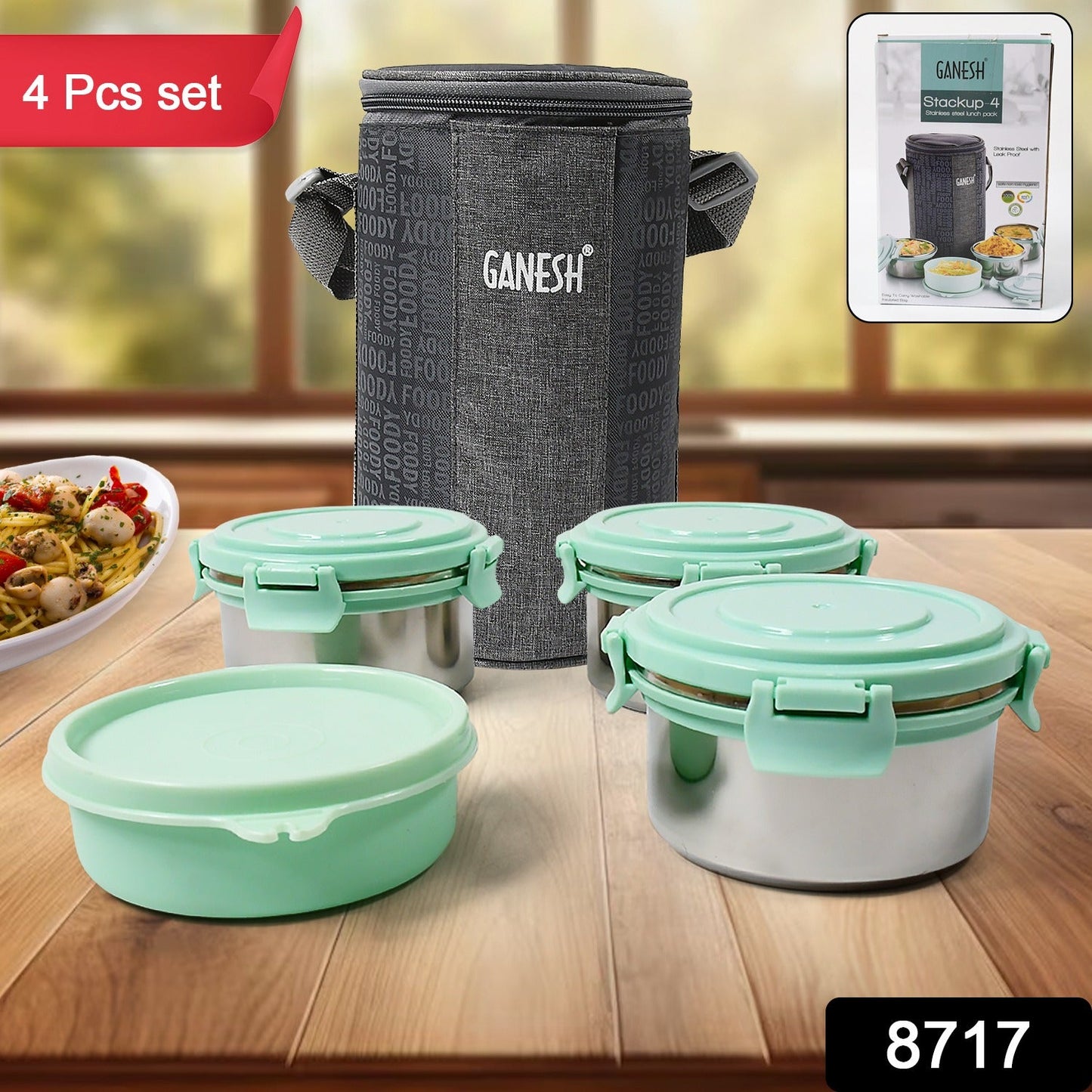 Ganesh 4In1 Tiffin Box-Lunch Box | 3 Stainless Steel Containers 300 Ml Approx & Plastic Salad Container 200 Ml Approx| Plastic lid Box | Round Zip Bag | Leak Proof | Microwave Safe for Office, College and School for Men, Women  - Discount Karo