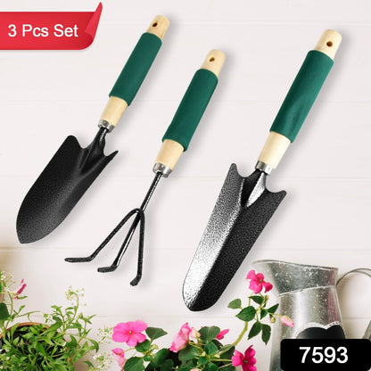 Gardening Tools - Hand Cultivator, Trowel, Heavy Duty with Ergonomic Wooden Handle for Transplanting and Digging (3 Pcs Set) - Discount Karo