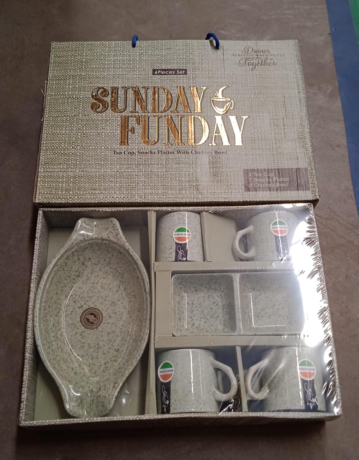 Sunday Funday Ceramic Tea / cups / Mug With Plastic Snacks Platter and 2 compartment Chutney Bowl Milk Cup, Coffee Cup, Breakfast Cup, Drinking Mug or Outdoor for Household, Gift for Birthday, Wedding Party (6 Pcs set) - Discount Karo