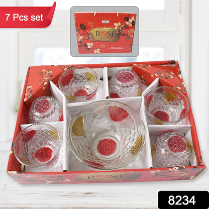 Rose glass Multipurpose Pudding / Dessert / Ice Cream Bowl Set for Home use, Home & Kitchen Serving Bowl for Sundae, Sweets, Snacks, Fruit, Pudding, Nuts or Dip, Serving Bowls 6 Medium & 1 Big Bowl (Set of 7 pc) - Discount Karo