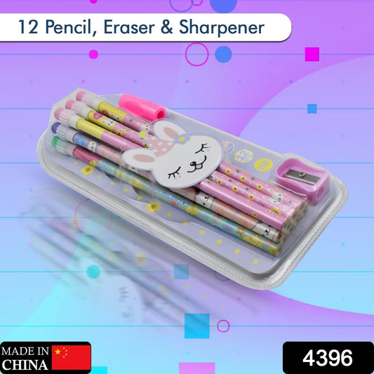 Cute Rabbit Bear Drawing Graphite Writing Pencil Set with Pencil Sharpener & Eraser, Pencil and Eraser Set with Eraser for Kids, for Girls, Fancy School Stationary, Birthday Party Return Gift (14 Pc Set) - Discount Karo