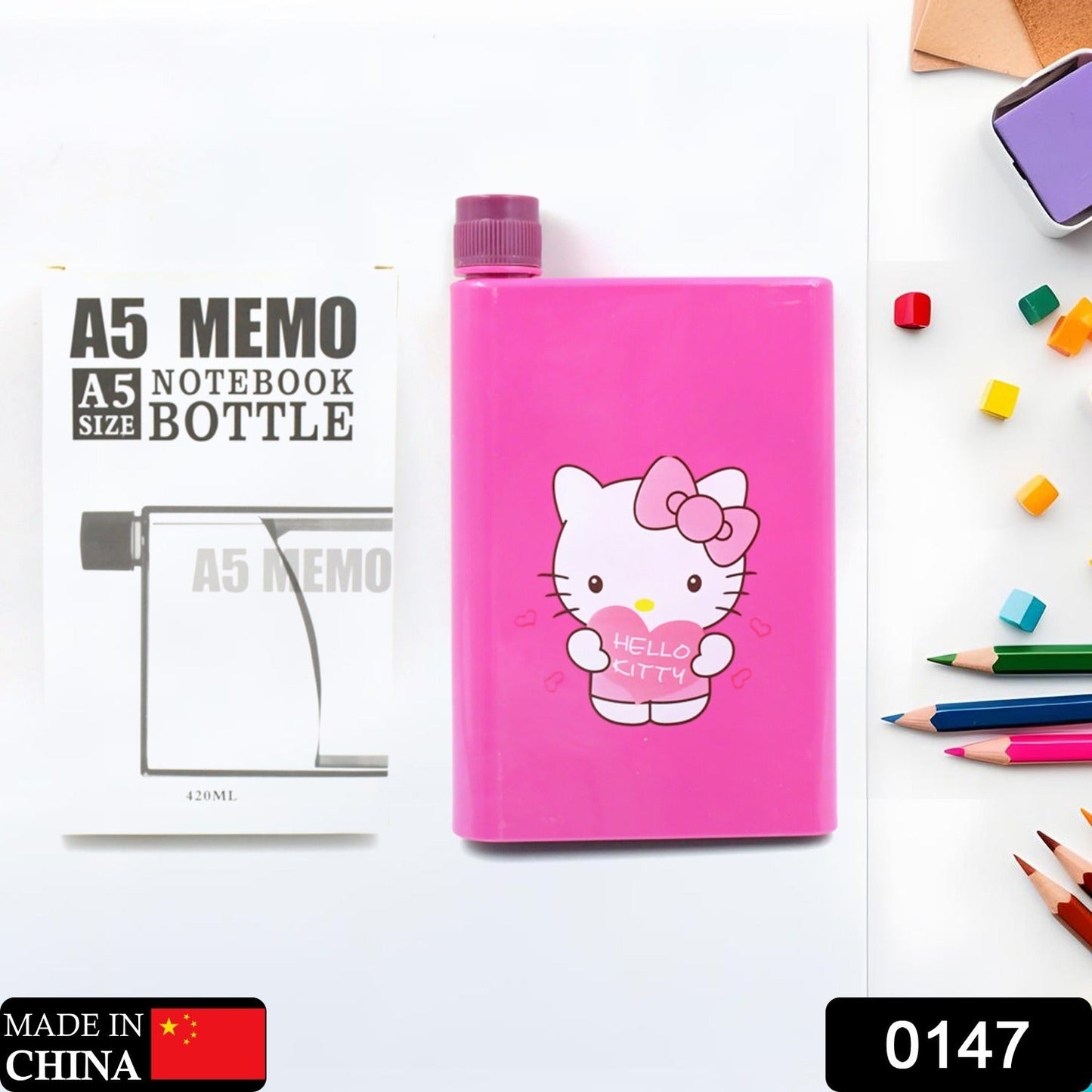 Kitchen Storage A5 size Flat Portable NoteBook Shape Water Bottle With a Cartoon Character Design-Hello Kitty - For School Outdoors and Sports Return Gift/Birthday Gift (1 Pc 420ML) - Discount Karo