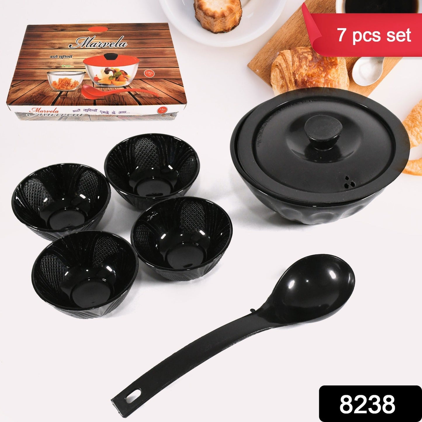 Marvela High Quality Dinning Dinner / Pudding Set 4 pcs Ceramic Medium Bowls, 1 Pc Ceramic big Bowl With 1 Pc Plastic Lid and 1 Pc plastic Serving Spoon, Lightweight Microwave, and Dishwasher Safe (7 Pcs set) - Discount Karo