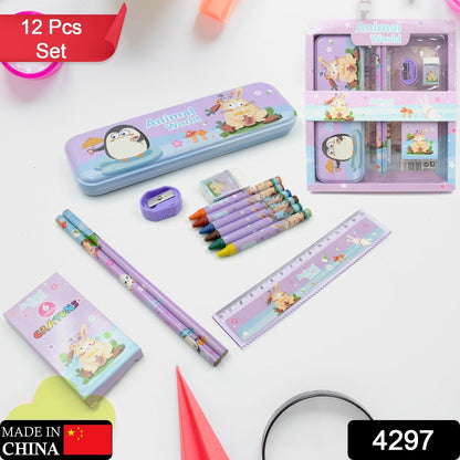 School Supplies Stationery Kit with 1 Pencil Box Case 2 Pencils 6 Crayon Colors 1 Ruler Scale 1 Eraser 1 Sharpener Stationary Kit for Girls Pencil Pen Book Eraser Sharpener Crayons - Stationary Kit Set for Kids Birthday Gift (12 Pc Set) - Discount Karo