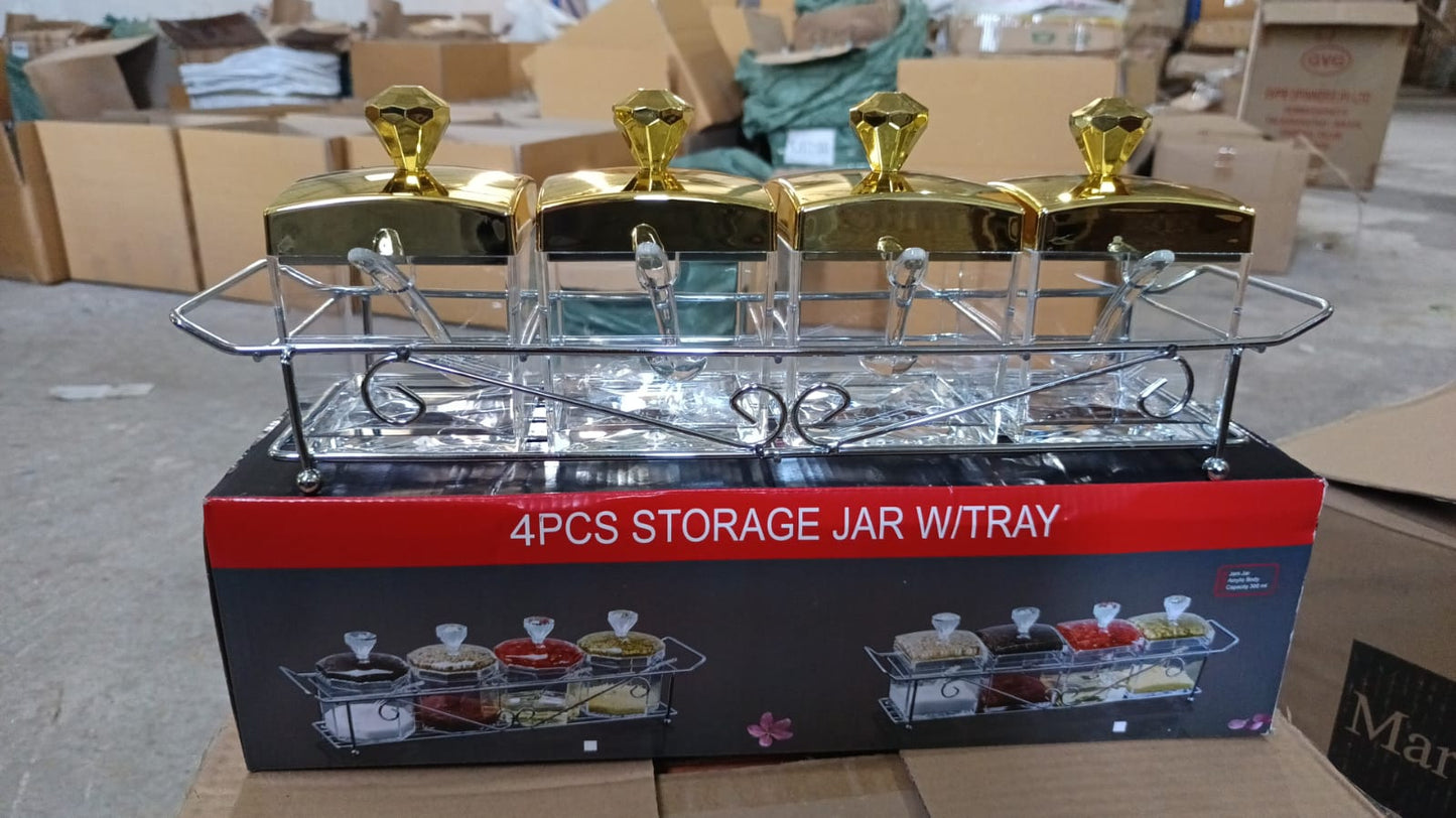 Storage Jar Set One Set with 4 Jars with Lids, Tray & 4 Spoon for Coffee, Tea, Sugar for Storage jar With Tray for Home Kitchen - Discount Karo