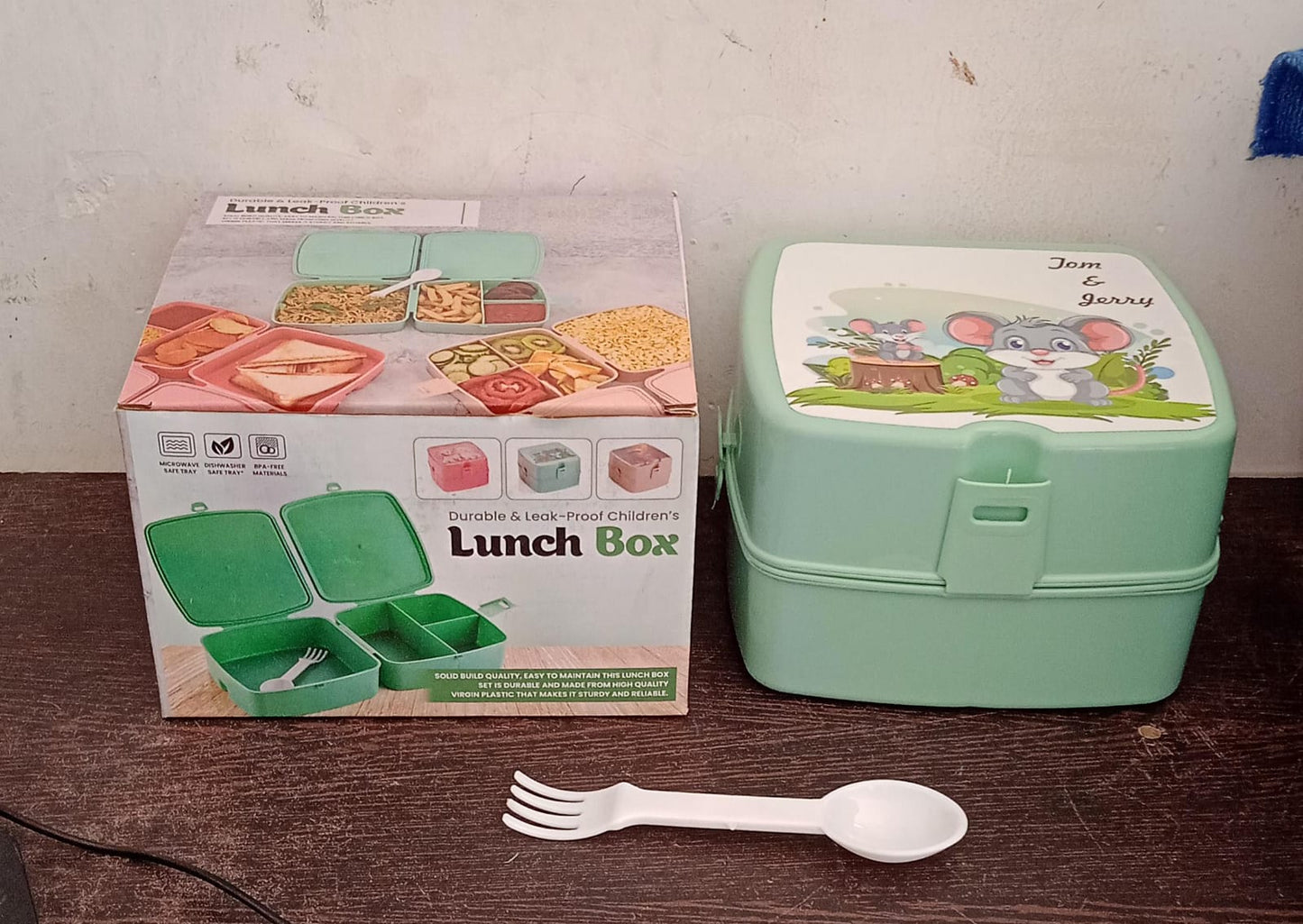 Double-Layer Square Lunch Box with  Spoon , 4 Compartment Tiffin & Push Lock , Plastic Tiffin Box for Travelling, School Kids & Office Exclusive, Home - Discount Karo