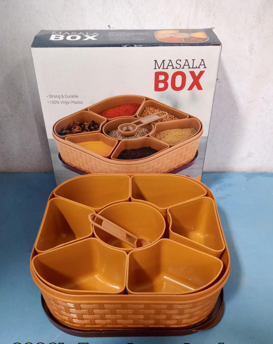 Masala Box for Keeping Spices, Spice Box for Kitchen, Masala Container, Plastic Wooden Style, 7 Sections (Multi Color). - Discount Karo