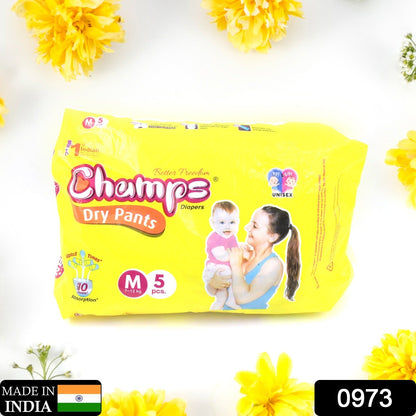 Champs Travel Diapers (Medium, 5 Pcs): Leakproof, Soft & Dry, Baby Diaper Pants - Discount Karo