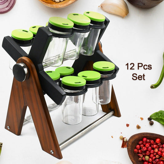 Miracle Multipurpose Wooden Spice Rack for Kitchen 12 Jars | 360 Degree Revolving Masala Box Container Spice Rack Containers Set (12 pcs Set) - Discount Karo