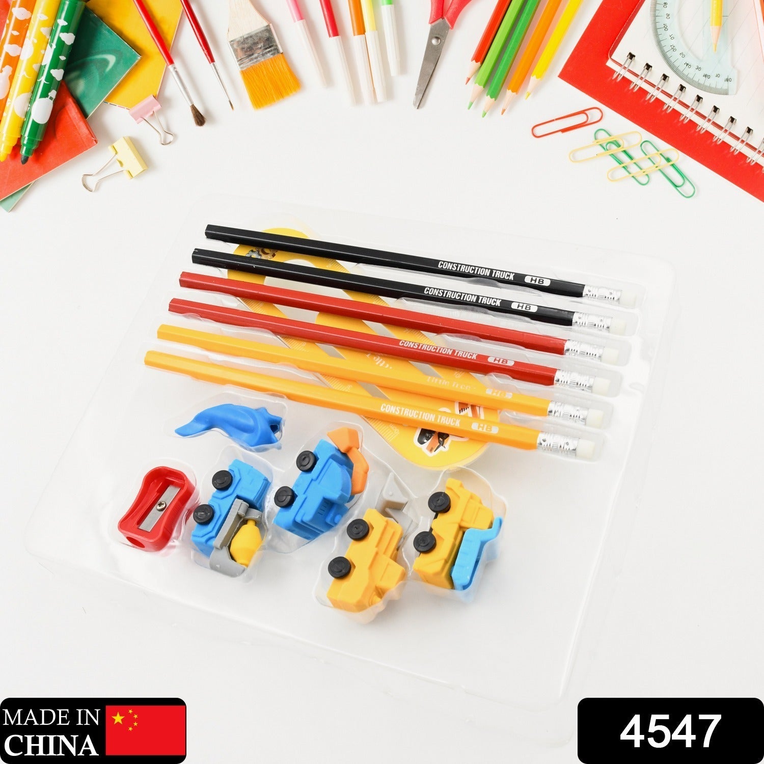 Pencil and Eraser Set, Construction Truck Theme Stationery Kit Includes 6 Pencils, 4 Erasers, 1 Sharpener, 1 Ruler Bookmark, 1 Pencil Cap Stationary For Birthday Gifts for Kids, Birthday Return Gifts (13 Pc set) - Discount Karo