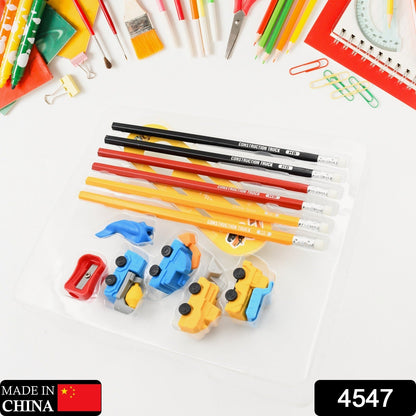 Pencil and Eraser Set, Construction Truck Theme Stationery Kit Includes 6 Pencils, 4 Erasers, 1 Sharpener, 1 Ruler Bookmark, 1 Pencil Cap Stationary For Birthday Gifts for Kids, Birthday Return Gifts (13 Pc set) - Discount Karo