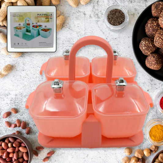 Multipurpose Jar Dry fruit Set, Candy, Chocolate, Snacks Storage Jar, Masala Jar for Home and Kitchen Airtight Dry Fruit Plastic Storage Container Tray Set With Lid & 4 Serving Jar Container for Sweets, Chips, Cookies (4 Pc Set) - Discount Karo