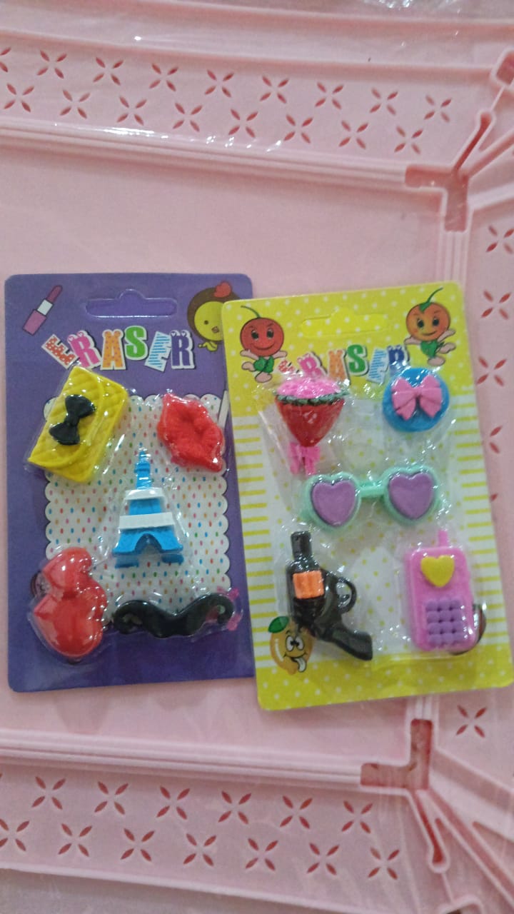 Mix Design 1 Set Fancy & Stylish Colorful Erasers for Children Different Designs & Mix, Eraser Set for Return Gift, Birthday Party, School Prize (1 Set) - Discount Karo