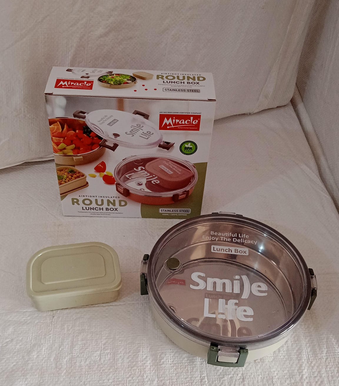 Miracle Stainless Steel Round Lunch Box, with Small Plastic Box Insert Leak Proof Lunch Box with Transparent lid, Lunch Box for Kids & Adults for School, Office (450 ML + 250 ML Approx) - Discount Karo