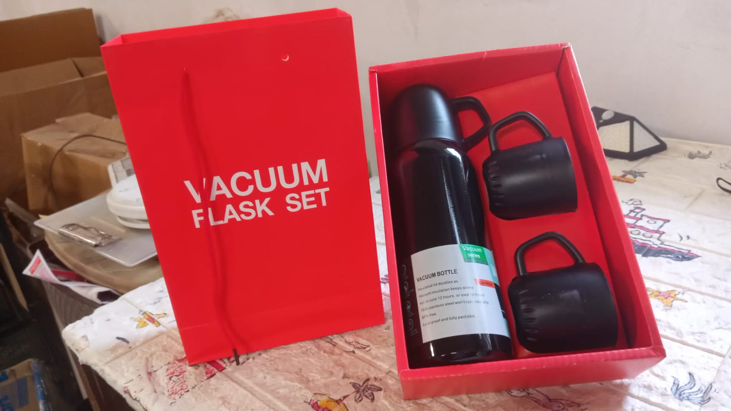 Vacuum Flask Set Stainless Steel Thermos With 3 Cup Creative Gift Set With Cover Handle Portable Car Water Bottle Set (Approx 500ml) - Discount Karo