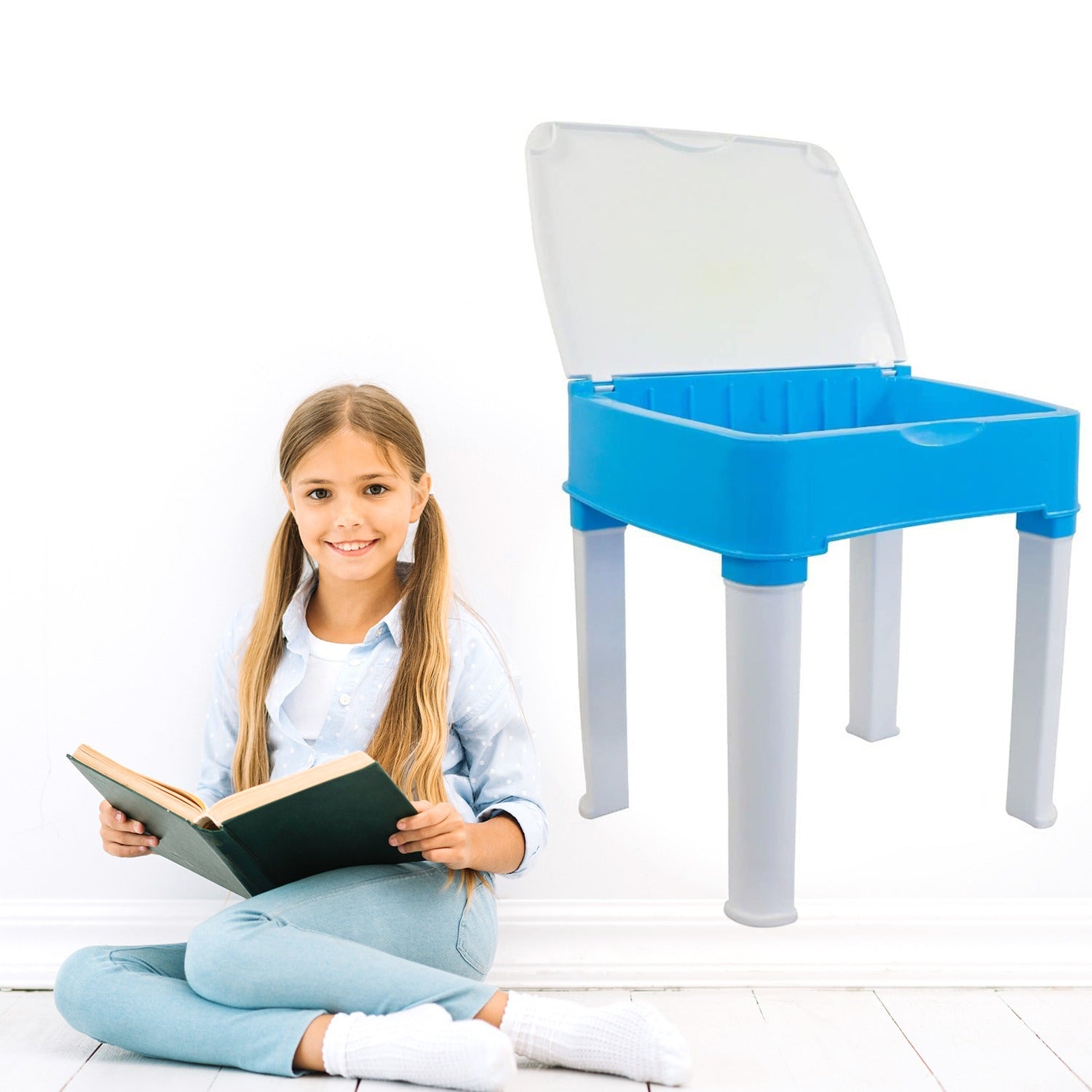 Study Table And Chair Set For Boys And Girls With Small Box Space For Pencils Plastic High Quality Study Table (Blue) - Discount Karo