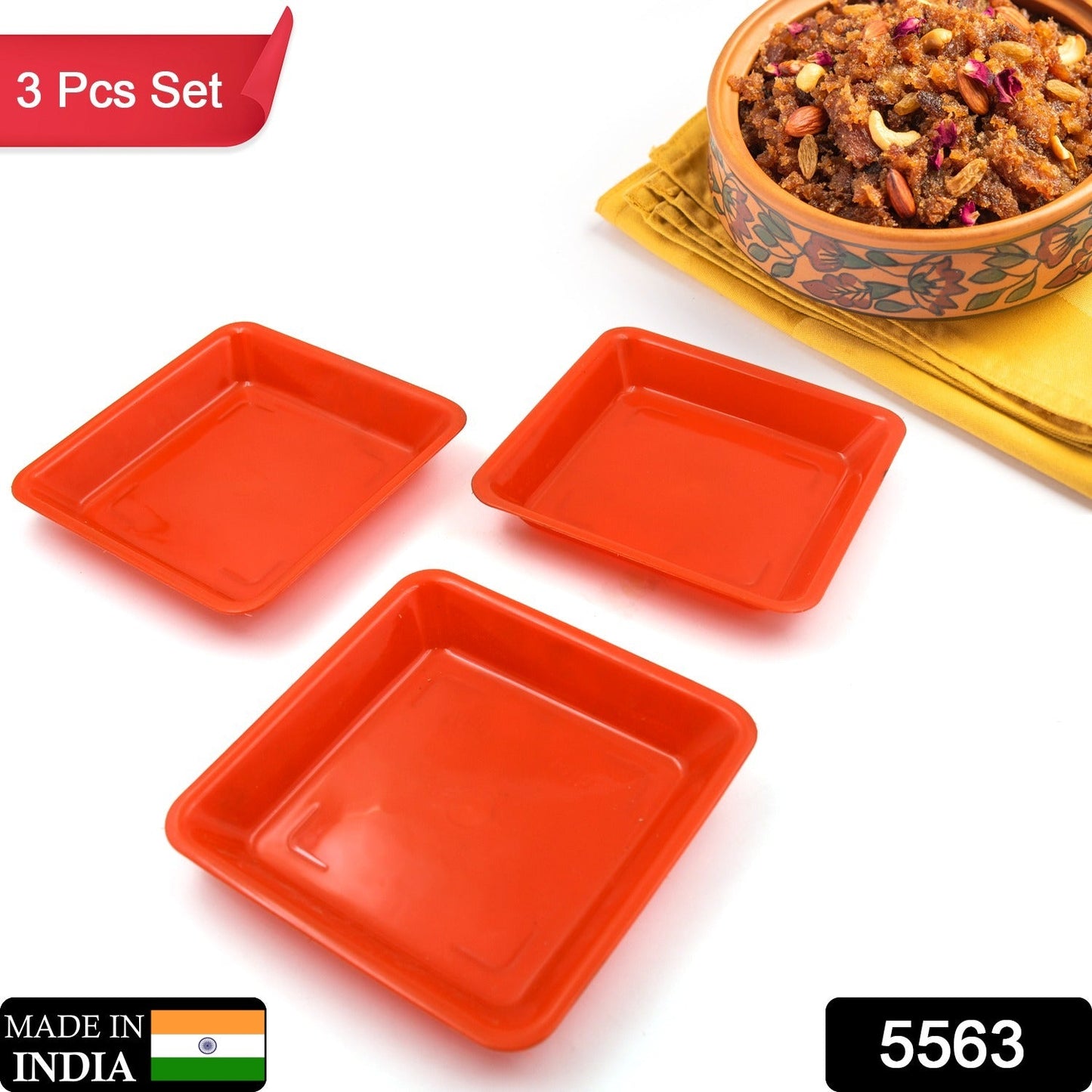 Square Plastic Halwa Dinner Plate Snacks / Breakfast, Restaurant Serving Trays Home School Coffee Hotel Kitchen Office (3 Pcs Set) - Discount Karo