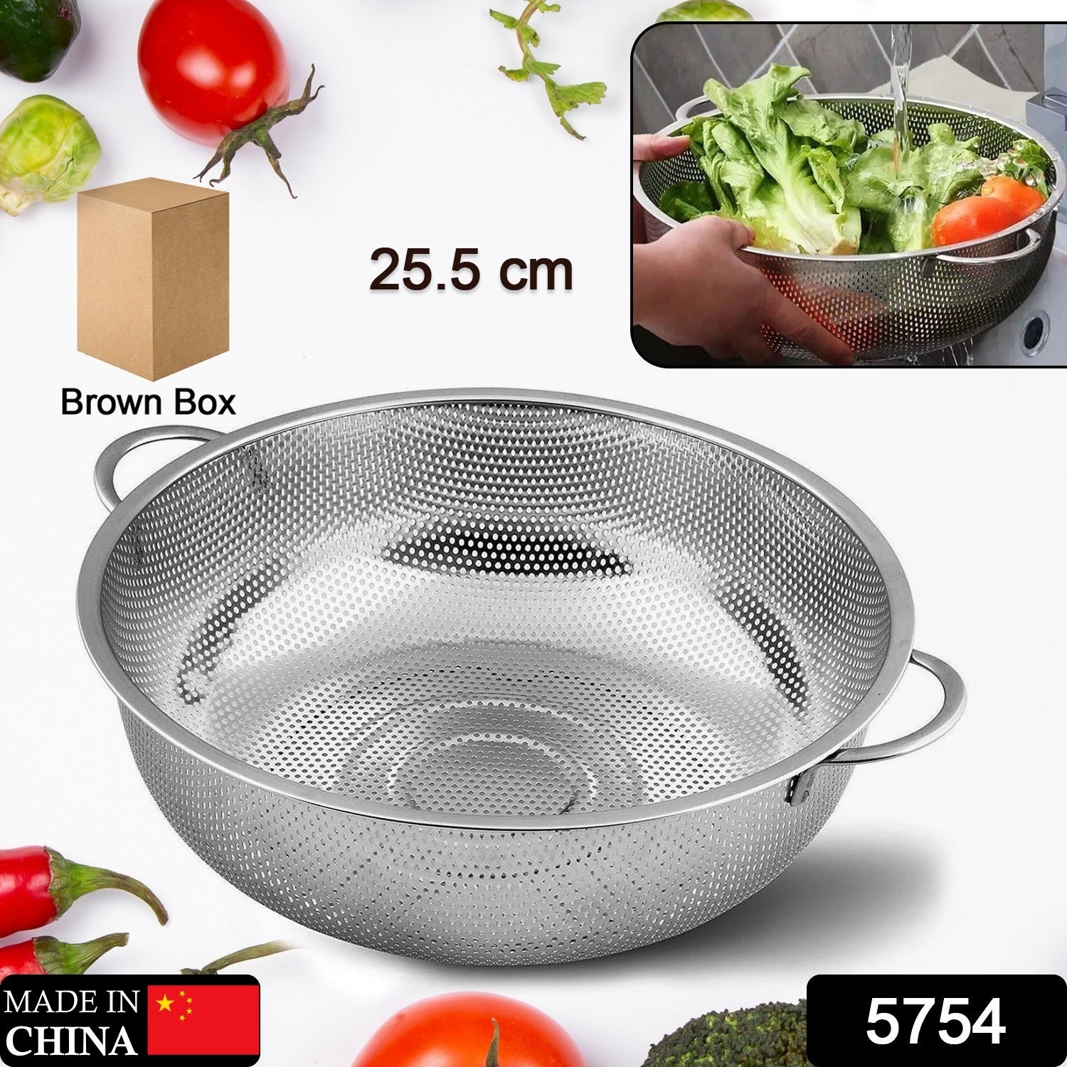 Stainless Steel Colander with Handle, Large Metal Mesh Basket Strainer for Pasta, Spaghetti, Berry, Veggies, Fruits,  Kitchen Food Colander, Dishwasher Safe (1 pc / 25.5 cm) - Discount Karo