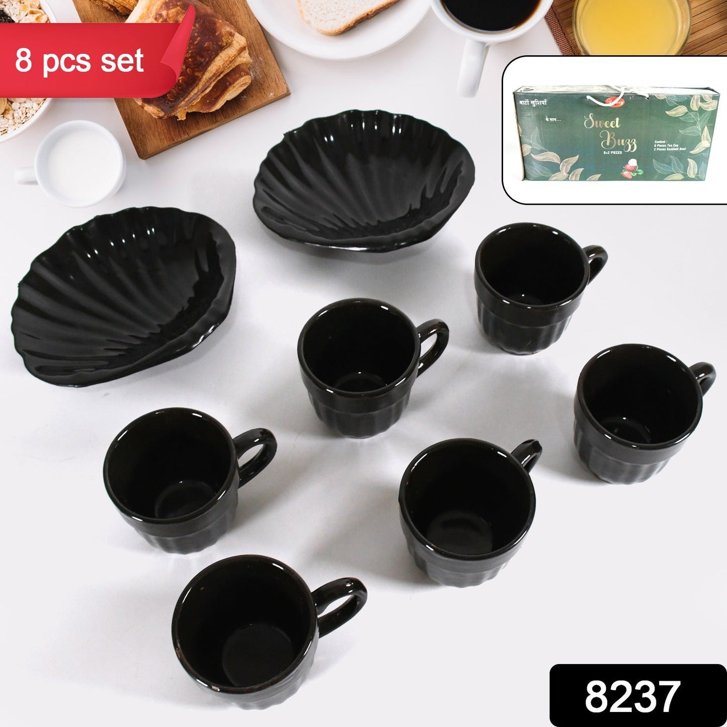 Sweet Buzz Ceramic Tea / cups / Mug Set With Seashell Shape Serving Bowl Milk Cup, Coffee Cup, Tea Cup, Breakfast Cup, Drinking Mug or Outdoor for Household, Gift for Birthday, Wedding Party (8 Pcs set) - Discount Karo