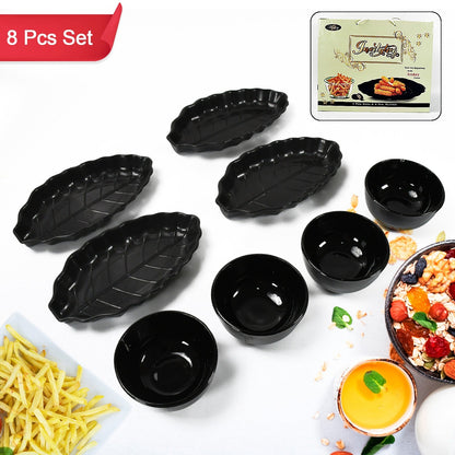 Invitation Round Ceramic Snacks Bowl With Plastic Leaf shape Serving platter Portable, Lightweight Breakfast, Serving Bowl | Ideal for Rice, Pasta, Desserts Home & Kitchen Serving Bowl & platter (8 Pcs set) - Discount Karo