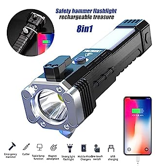 Portable 3w Rechargeable Torch LED Flashlight Long Distance Beam Range, Hammer and Strong Magnets, Window Glass and Seat Belt Cutter 4 Modes for Car Camping Hiking Indoor Outdoor - Discount Karo